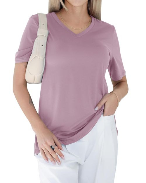 GAYHAY Womens V Neck T Shirts Oversized Loose Fit Short Sleeve Tops Casual Summer Vacation 2025 Thistle Pink XX-Large