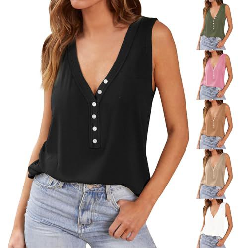 FQFGGYD Women's Camisole Tops Summer Tank Top V-Neck Button-Down Sleeveless Tunic Going Out Dressy Casual Basic Loose Shirts Black