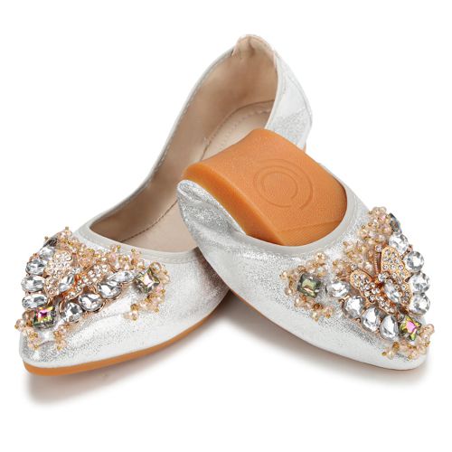 KUNWFNIX Women Ballet Flats Rhinestone Wedding Ballerina Shoes Foldable Sparkly Comfort Slip on Flat Shoes 7.5 #02-silver