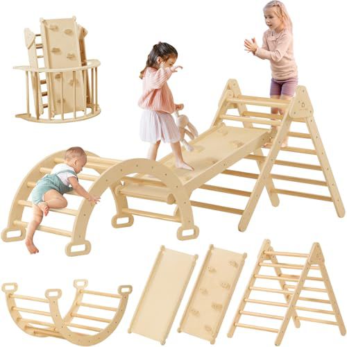 Tiny Land Pikler Triangle Set, 7-in-1 Foldable Pikler Triangle Climbing Toys Set for Kids,Baby Indoor Playground Jungle Gym, Wooden Montessori Climbing Set for Toddler (Natural) Natural Stan