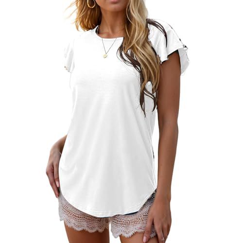 FQFGGYD Women's Solid Color Tops Summer Basic T-Shirts Business Casual Shirt Round Neck Ruffled Short Sleeve Vacation Blouses White