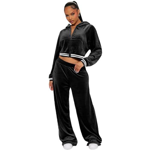 yidengymx Womens 2 Piece Velour Tracksuit Two Piece Soft Velvet Hooded Outfits for Women X-Small Hoodie/Wide Leg Pants-black