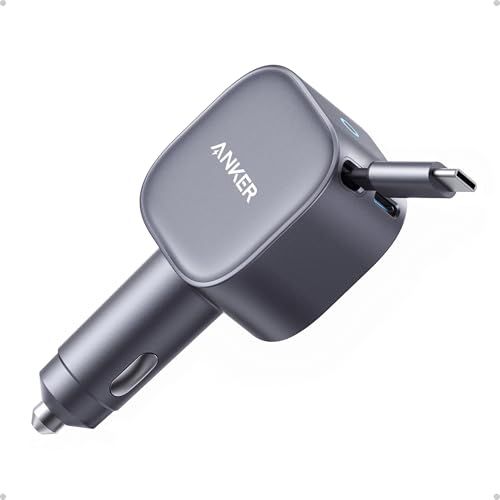 Anker USB-C Car Charger, 75W Max Ultra-Compact Type-C Fast Car Charger with Built-in USB-C Retractable Cable, Car Adapter for iPhone 16/15 Series, MacBook Pro/Air, iPad, Galaxy, AirPods, and