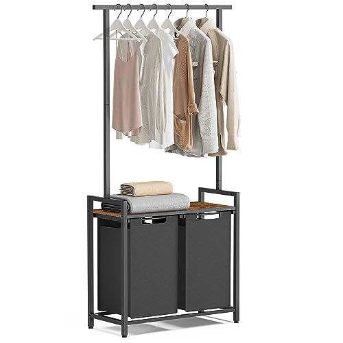 VASAGLE Laundry Sorter, Laundry Hamper 2 Section with Clothes Rack, Pull-Out and Removable Laundry Basket with Shelf, 28.7 x 13 x 69.7 Inches, Rustic Brown and Black UBLH241B01 Rustic Brown 