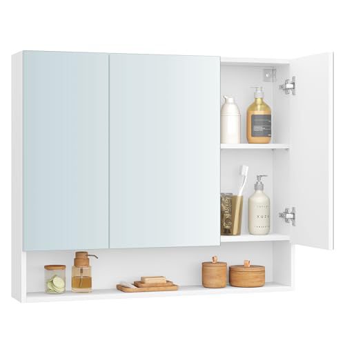 VASAGLE KAILYN Collection - Medicine Cabinet Mirror, Bathroom Wall Mirror Cabinet with Storage, Open Compartment, Adjustable Shelves, 6.5 x 35.4 x 29.5 Inches, Cloud White UBBK130W01 6.5"D x