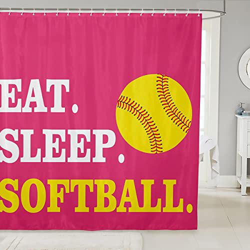 Feelyou Softball Shower Curtain for Girls Boys Kids Ball Sports Theme Bathroom Shower Curtain Set Bright Pink Yellow Decorative Bath Curtain for Bathtub Softball Lover Bathroom Accessories 7