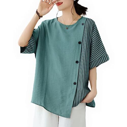 ellazhu Women's Short Sleeve Solid Color and Stripe Patchwork Button Down T-Shirts Blouse Tops GA2662 Small-X-Large Green