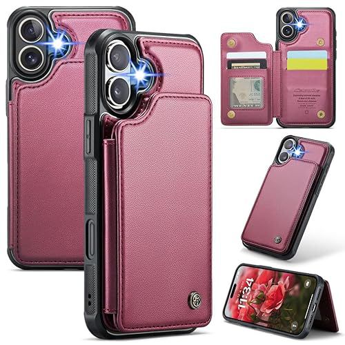 for iPhone 16 Case with RFID Blocking and 4 Credit Card Holder, Premium Durable Slim Leather Magnetic Clasp Kickstand Heavy Duty Shockproof Protective Cover.- Wine Wine iPhone 16