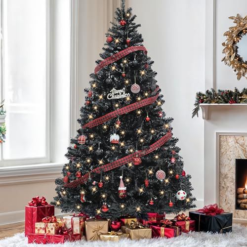 YITAHOME 6ft Prelit Black Artificial Christmas Tree, Hinged Christmas Tree Pine Tree for Home, Office, Party Decoration with 818 Branch Tips and 250 Lights Black 6ft