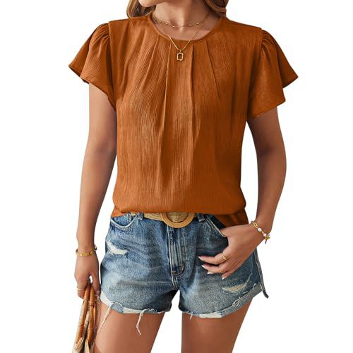 FQFGGYD Tops for Women Trendy Blouses Summer Dreesy Casual Basic T-Shirts Crewneck Petal-Sleeved Loose Tops Business Outfits Brown