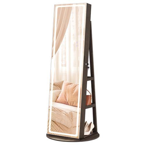 SONGMICS LED Jewelry Cabinet Standing, Lockable Armoire With Full-Length Mirror and Adjustable Lights, Space-Saving Organizer, Gift Idea, Ash Brown UJJC008K02