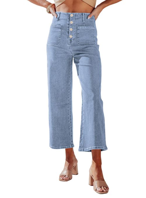 Sidefeel Women's Wide Leg Jeans High Waisted Stretchy Straight Leg Jeans Buttoned Loose Denim Pants with Pocket 16 Light Blue