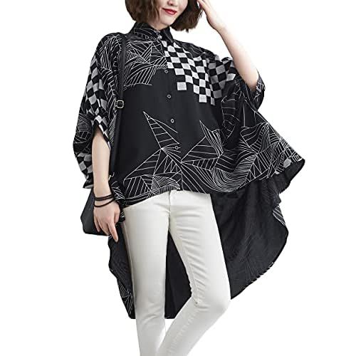 ellazhu Women's Asymmetrical Button-Up High-Low Short-Sleeve Batwing Top Oversized Shirt Blouse GA2305 A Small-X-Large Black