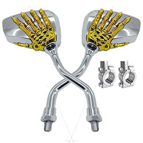 Pairs of Distinctive Skull Skeleton Hand Bicycle Mirror, Rearview Side Mirror Handlebar Mirror Mount Holder Clamp Adaptor 10mm for Scooter Moped Bike Standard Bike Motorcycle Gold
