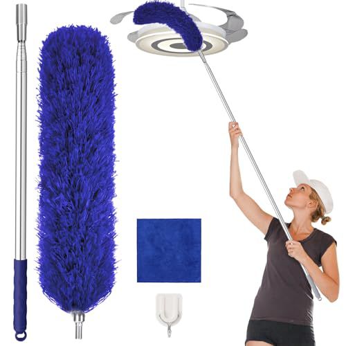 Duster with 30-100 Inches Adjustable Long Pole,Extendable Feather Duster for Cleaning Ceiling Chandelier,Furniture, Blinds and Furniture(Blue) Blue 3 PCS