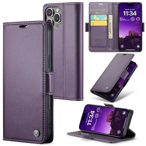 for iPhone 16 Pro Case, RFID Blocking with Kickstand 3 Credit Card Slot and Cash Slot Magnetic Closure Wireless Charging Slim PU Leather Protective Cover - Purple Purple iPhone 16 Pro