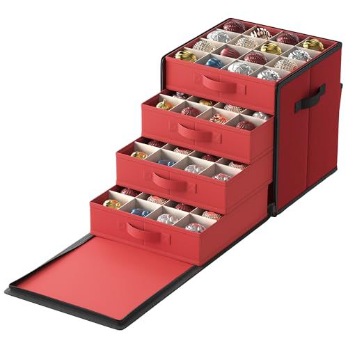 SONGMICS Christmas Ornament Storage Box, with Side Open, Stackable Christmas Storage Container with Lid, 4 Drawer Trays, 600D Oxford, 3-Inch 64 Slots, Cherry Red URFB037R01 Cherry Red 64 Cou