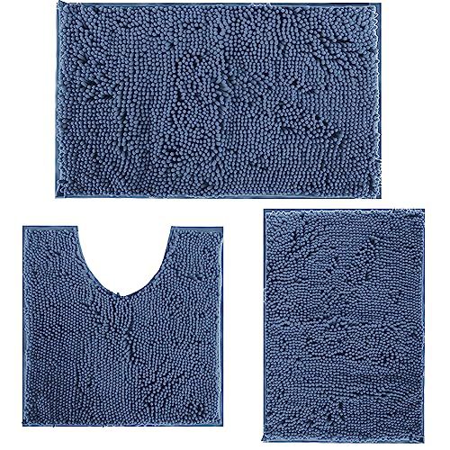 Blue Bathroom Rugs Chenille Bath Mats Set 3 Piece Extra Soft and Absorbent Shaggy Rugs, Machine Wash and Dry, Perfect Plush Bath Mats for Tub, Shower, Bathroom ​Decor, Washable Carpets Set D