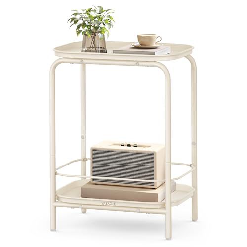 VASAGLE 2-Tier Outdoor Table, Small Side End Table with Tray Storage, Bedside Nightstand for Living Room, Bedroom, Modern Style, Cream White ULET243W01