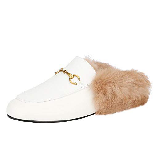 Arqa Fur Mules for Women Comfortable Leather Buckle Mule Flats Furry Padded Backless Loafers Casual Slides Shoes 6 White Fur