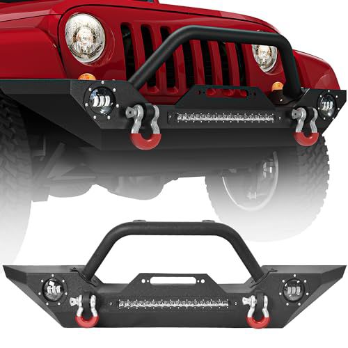 LEDKINGDOMUS Rock Crawler Front Bumper Compatible with 07-18 Jeep Wrangler JK and JK Unlimited, Built-in 90W LED Light Bar w/ 2x 60W Fog Light, Wiring Harness, Winch Plate and D-rings Textur