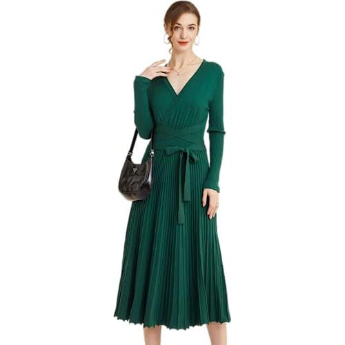 RanRui Womens Winter Fall Pleated Knitted Fit and Flare Long Sleeve Sweater Dress 6-8 B-green