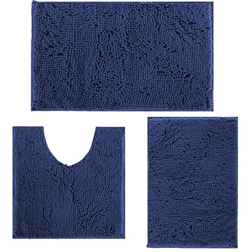 Indigo Blue Bathroom Rugs Non Slip Washable 3 Piece Extra Absorbent Shaggy Chenille and Mats Sets, Soft & Dry Bath Rug/Mat Sets for Carpets Set Blue Navy