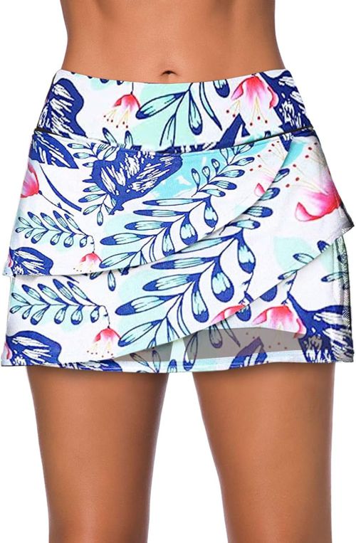 Aleumdr Women's Waistband Layered Swimdress Ruffle Swim Skirt Swimsuit Bottom(Available in Plus) Regular XX-Large Blue Printed