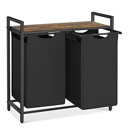 VASAGLE Laundry Hamper, Laundry Basket, Laundry Sorter with 2 Pull-Out and Removable Bags, Shelf, Metal Frame, 2 x 12.1 Gallons (46 L), 28.8 x 13 x 28.4 Inches, Ink Black and Rustic Brown UB
