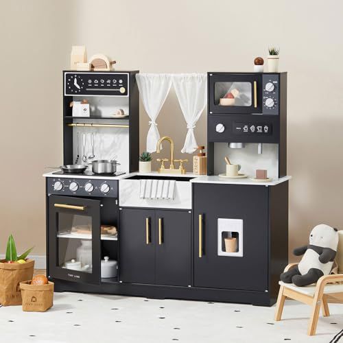 Tiny Land Play Kitchen for Kids, Wooden Play Kitchen Sets for Girls and Boys, New Modern Toddler Kitchen Toy Kitchen Designed in Trendy Home Style, Gift for Ages 3+ Black Play Kitchen