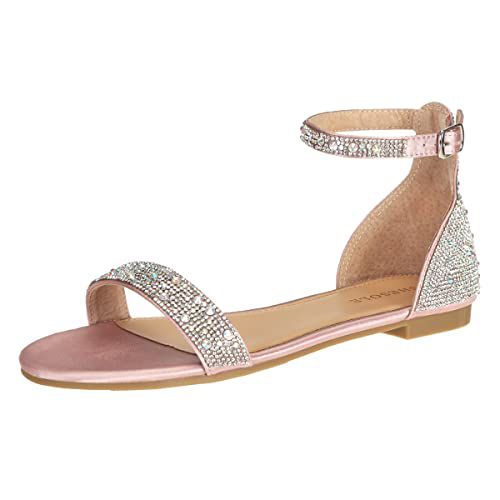 SheSole Women's Sparkly Rhinestone Strappy Flat Sandals Bridal Wedding Dress Shoes Champagne