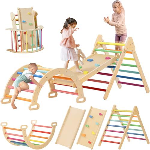 Tiny Land Pikler Triangle Set, 7-in-1 Foldable Pikler Triangle Climbing Toys Set for Kids,Baby Indoor Playground Jungle Gym, Wooden Montessori Climbing Set for Toddler (Rainbow) Rainbow Stan