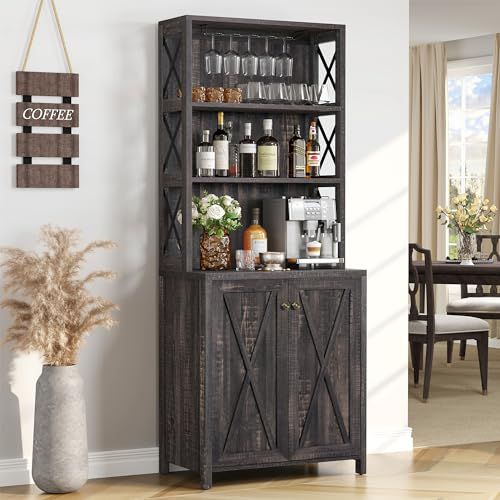 YITAHOME Bar Cabinet, 67" Tall Kitchen Storage Cabinet with Liquor and Glasses, Open Storage Rack, Farmhouse Coffee Bar Cabinet with Wooden Doors for Living Room, Rustic Oak