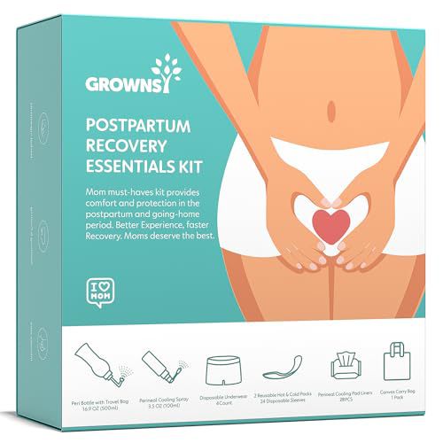 Grownsy Postpartum Essentials Recovery Kit for Labor & Delivery | Postpartum Kit for Women | Includes Upside Down Peri Bottle, Perineal Spray, Cooling Pad Liners, Ice Packs & Disposable Unde