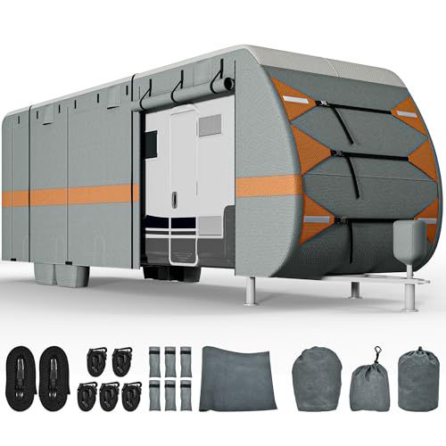 YITAHOME 24-27FT Travel Trailer Cover RV Cover Camper Cover Super Thick Waterproof Windproof Anti-UV Rip-Stop Motorhome Covers with 2 Long Straps 4 Tire Covers Tongue Jack Cover Orange Gray 