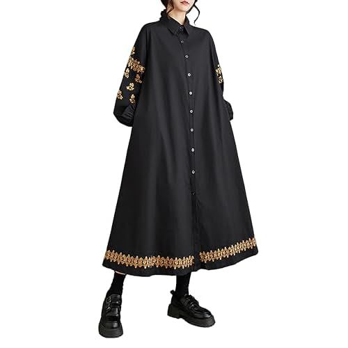 Women's Shirt Dress Lapel Collar Button Down Long Sleeve Below Knee Loose Oversize GZ291 Pattern Black Small-X-Large