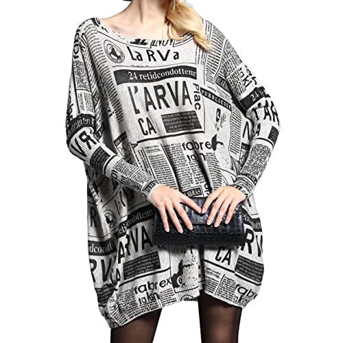 ellazhu Women's Autumn Long Sleeve Printed Newsprint Crew Neck Sweater Sweatshirt DH40 Grey Small-X-Large