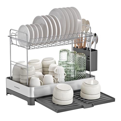 SONGMICS 2-Tier Small Dish Drying Rack, Expandable Dish Dryer for Kitchen Counter, Stainless Steel Dish Rack with Utensil Holder, Rustproof, for Dishes, Knives, Spoons, Forks, Silver Gray UK