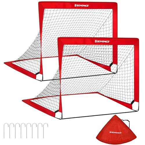 SONGMICS Kids Soccer Goals for Backyard, 4x3 ft Portable Soccer Nets Training Equipment, Toddler Soccer Goal with Carrying Bag, for Field Red Regular
