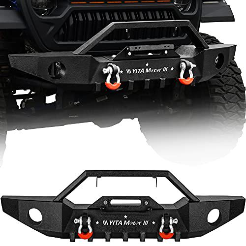 YITAMOTOR Front Bumper Compatible with 2018-2025 Jeep Wrangler JL/ 2020-2025 Jeep Gladiator, Off Road Rock Crawler Textured Black Bumper with Winch Plate & 2 × D-Rings & Fog Holes Black&red 