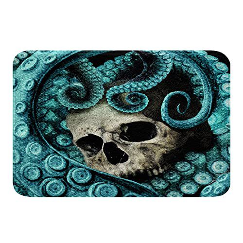 Octopus Skull Bath Rugs for Bathroom Teal Octopus Tentacles Slip-Resistant Shag Bath Rugs Mat Ocean Marine Kraken Skeleton Decor Soft Absorbent Bath Rug for Shower Room Living Room Rugs 20"x