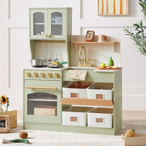 Tiny Land Play Kitchen for Kids with Storage System, Toy Kitchen Set with Plenty of Play Features Gift for Ages 3+ Green