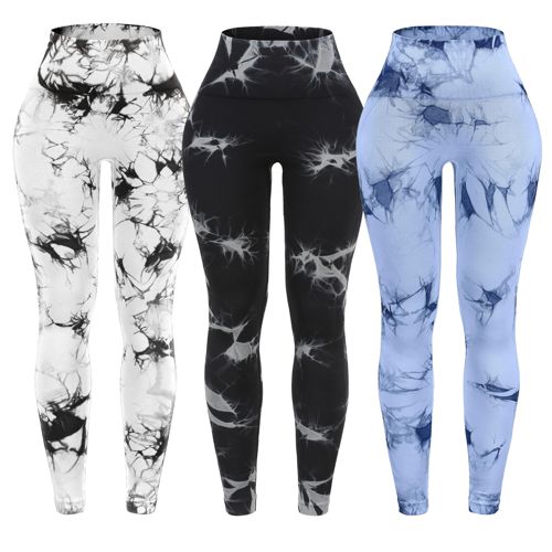 OVESPORT 3 Pack Tie Dye Seamless High Waisted Workout Leggings for Women Scrunch Butt Lifting Yoga Gym Athletic Pants Medium Sky Blue/White/Black