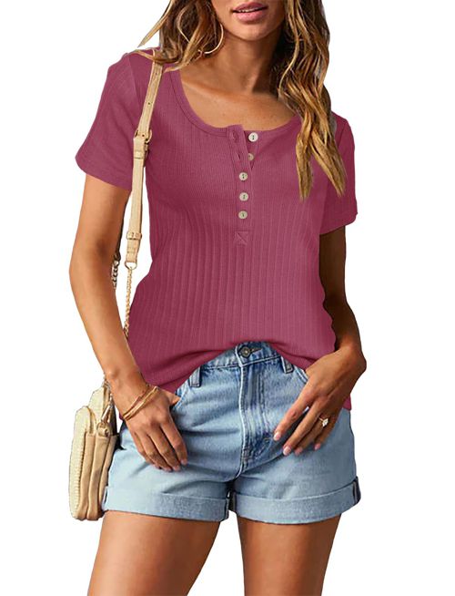 Topstype Short Sleeve Henley Tops for Women Summer T Shirts Trendy X-Large Pink