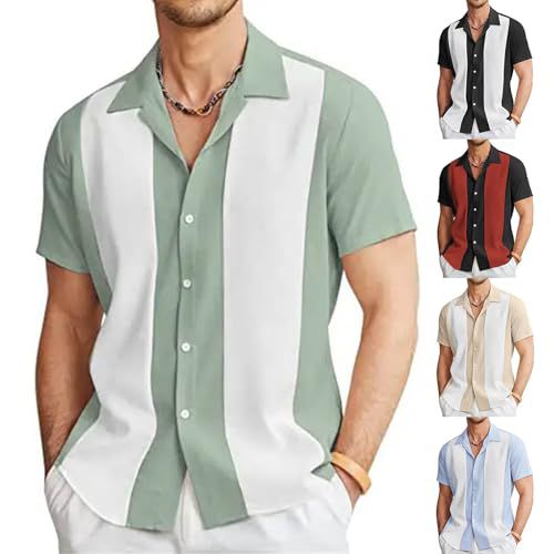 FQFGGYD Men's Linen Shirts Summer Causal Button Down Striped Polo Shirts Short Sleeve Hawaiian Vacation Beach Shirt Green