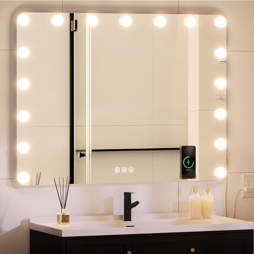 YITAHOME 32 x 24 LED Bathroom Mirror with Lights, Lighted Wall Mirror Bathroom Vanity Mirror with Bluetooth Speaker, Wireless Charger, USB & Type-C Charging Port, Dimmable Bulbs, Memory Func