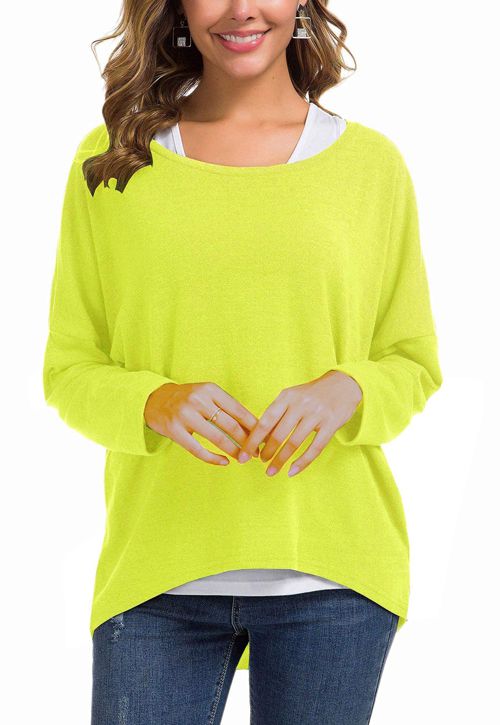 UGET Women's Oversized Baggy Tops Loose Fitting Pullover Casual Blouse T-Shirt Sweater Batwing Sleeve Large Lemon Yellow