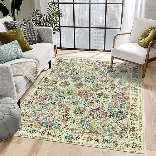 Lahome 5x7 Living Room Rugs Machine Washable Area Rugs for Bedroom, Colorful Non Slip Dining Room Mat, Large Boho Trellis Soft Stain Resistance Indoor Throw Carpet for Home Office, Multi Col