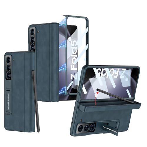 for Samsung Galaxy Z Fold 5 Case with Magnetic Hinge Protection & Built-in Front Screen and Kicstand,Hidden S-Pen Slot and Frosted Slim Texture Case.(Navy Blue)