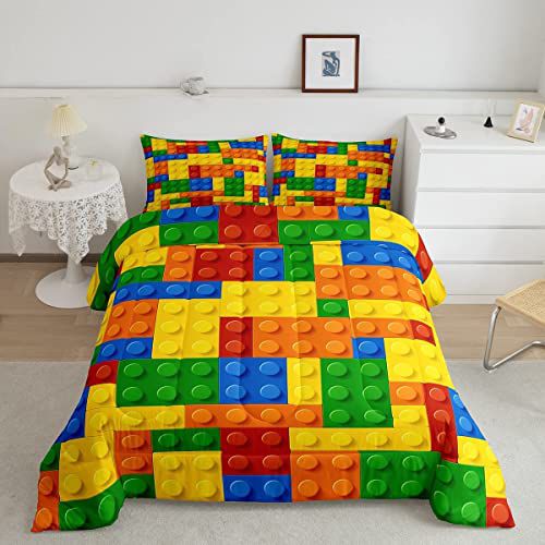 Feelyou Games Comforter Set Twin Size Building Blocks Bedding Set for Kids Boys Girls Colorful Geometric Toy Brick Comforter Gaming Nursery Quilt Duvet Set with 1 Pillowcase Boys